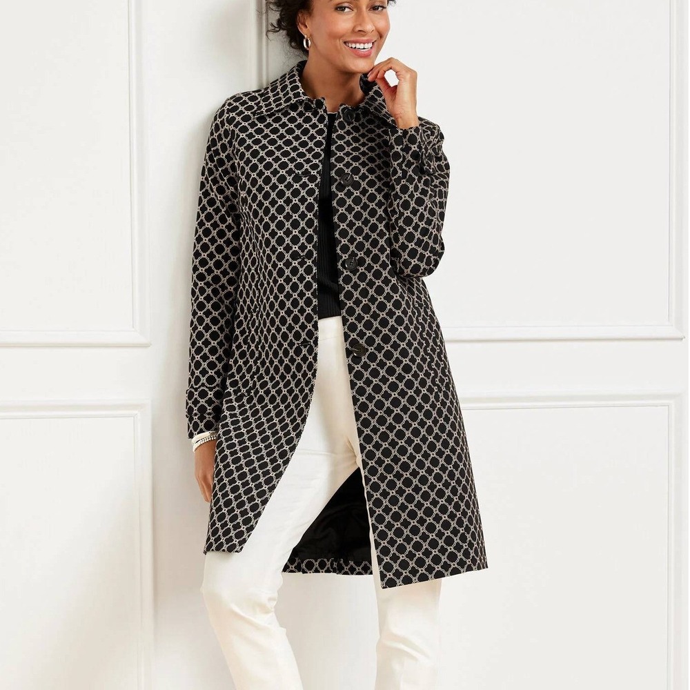 Talbots Womens Black White Geometric Jacquard Mac Coat Large